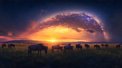 A breathtaking sunset over the African savanna, with a stunning Milky Way arching across the sky. Wildebeest graze peacefully in the foreground, creating a serene and magical scene.