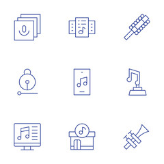 Music icons set. Thin Line style, editable stroke. library, moktak, music, music files, music player, music store, sleigh bell, trophy, trumpet
