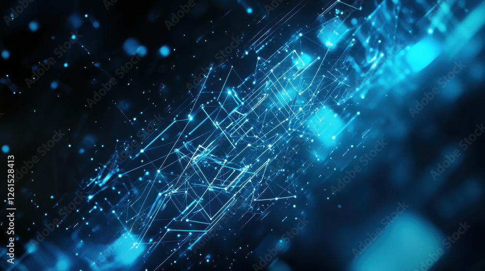 Poster abstract blue glowing particles wave on a dark background with a bokeh effect