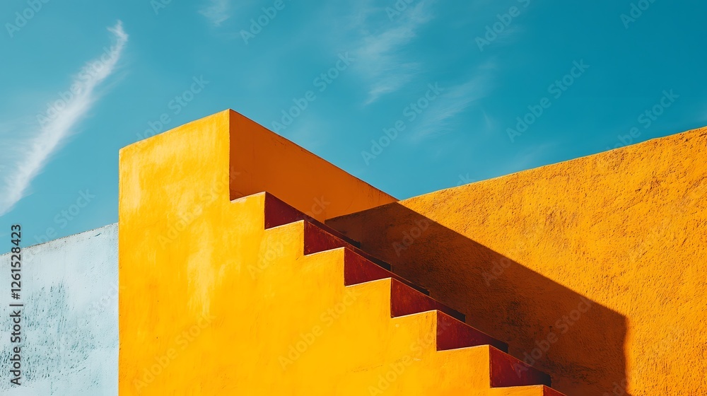 Poster yellow building against a clear blue sky with minimal visual expressions and sparse background eleme