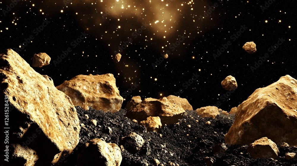 Poster a breathtaking view of an asteroid field in deep space.