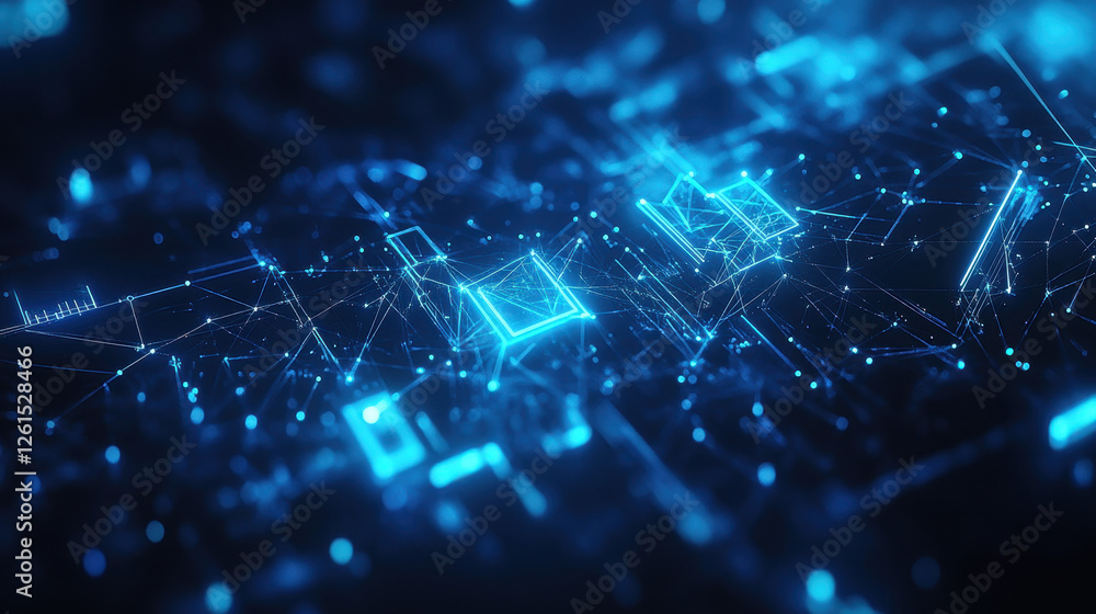 Poster abstract blue glowing particles wave on a dark background with a bokeh effect