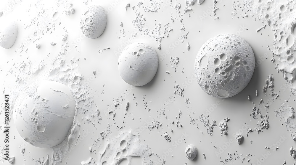 Poster small white objects scattered on a white surface creating a minimalistic space exploration theme