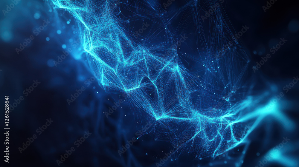 Poster abstract blue glowing particles wave on a dark background with a bokeh effect