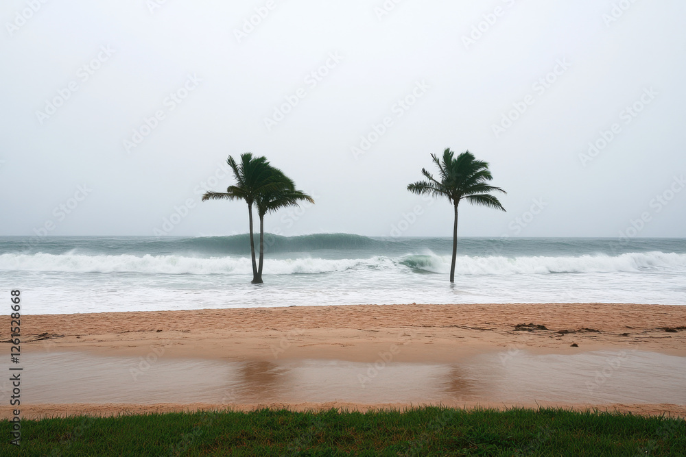 Poster two palm trees are on a beach with a large wave in the background