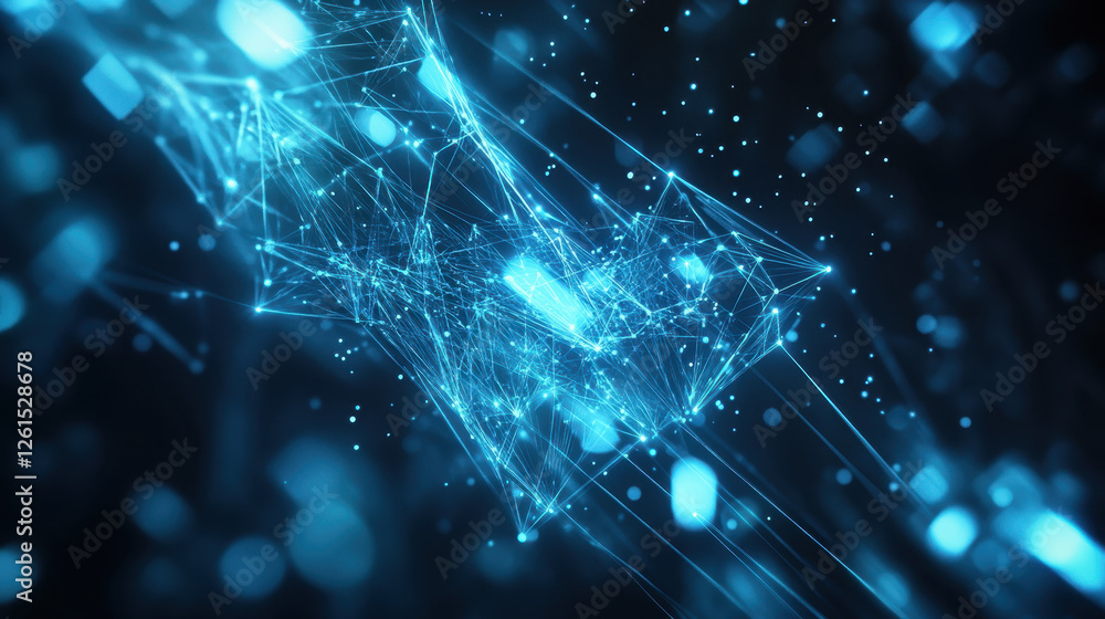 Poster abstract blue glowing particles wave on a dark background with a bokeh effect