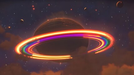Obraz premium A vibrant, cosmic scene featuring a planet with a luminous, rainbow-hued ring system. Stars and other celestial bodies are visible in the background, creating a surreal and otherworldly atmosphere.