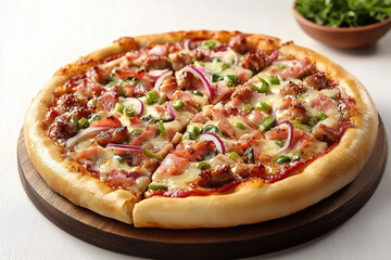 Round pizza cut into pieces on white background.