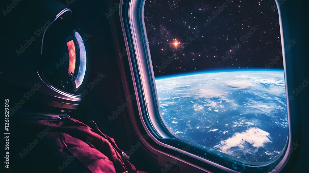 Poster an astronaut gazes out a spacecraft window at a breathtaking view of earth from space. stars and a d