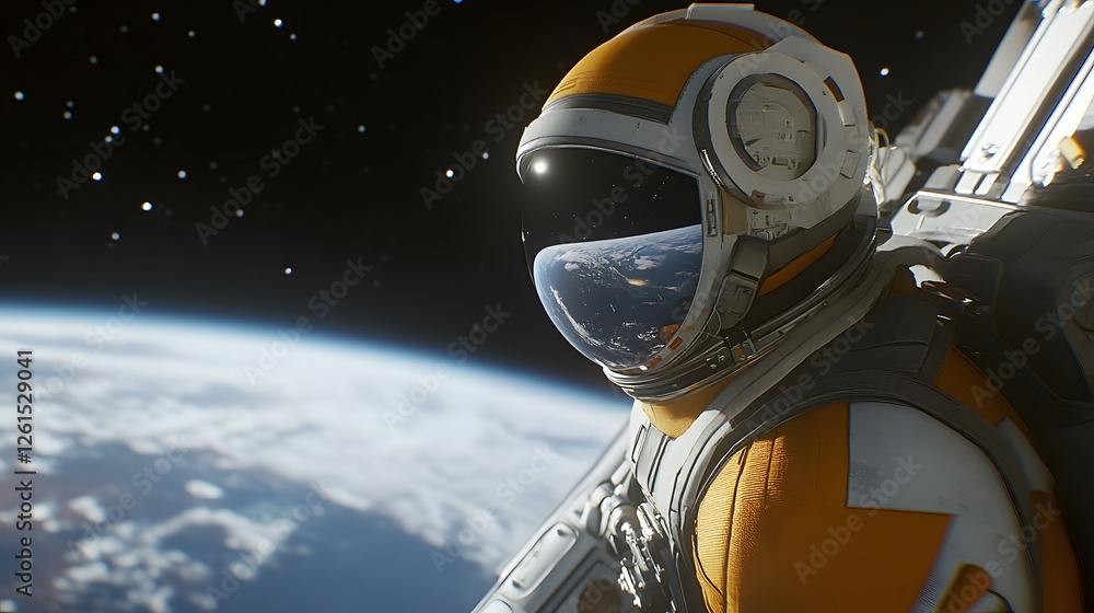 Poster an astronaut in a futuristic spacesuit gazes out at earth from a spacecraft, the planet's curvature 