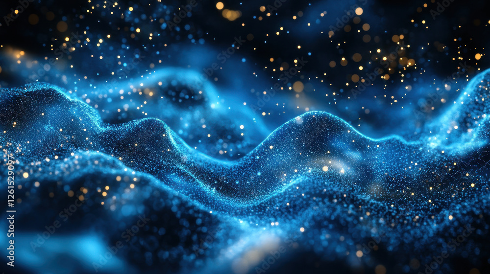 Poster abstract blue glowing particles wave on a dark background with a bokeh effect