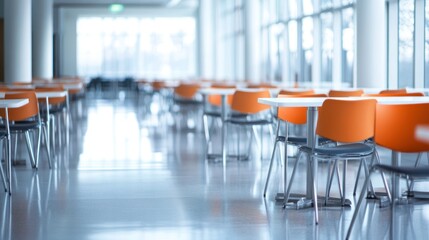 Modern Cafeteria Interior: Rows of Orange Chairs and White Tables in a Bright, Spacious Room