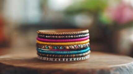 Stack of Colorful Beaded Bangles on Wooden Surface