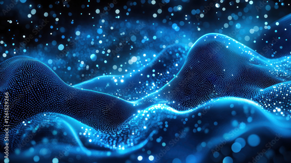 Poster abstract blue glowing particles wave on a dark background with a bokeh effect