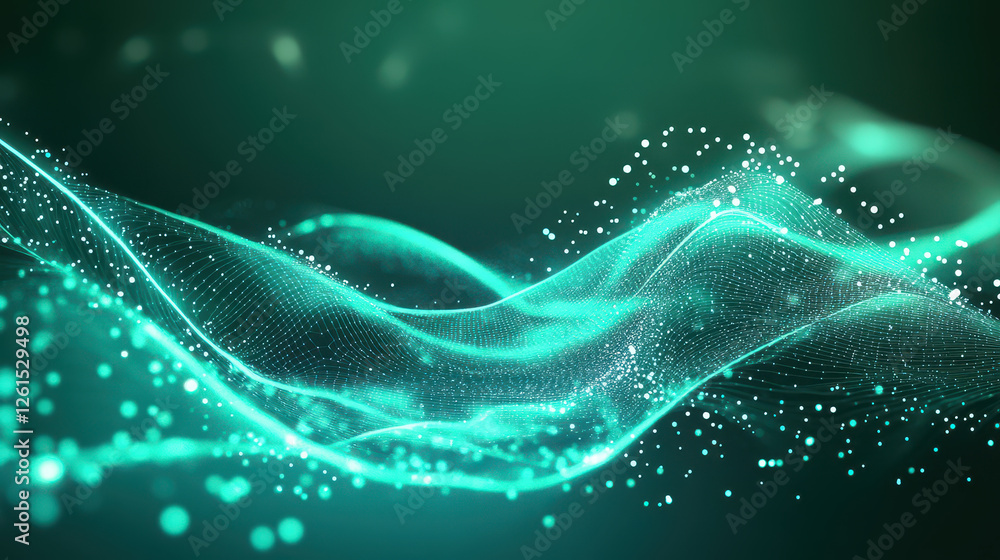 Poster abstract background with glowing lines and dots in teal color on a dark green background
