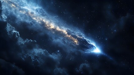 A breathtaking cosmic landscape. Glowing nebulae and bright stars fill a dark, expansive space. A vibrant energy stream cuts across the scene, creating a dynamic and visually striking composition.