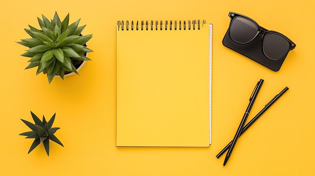 A vibrant yellow workspace featuring a notepad, sunglasses, and succulents for creative inspiration