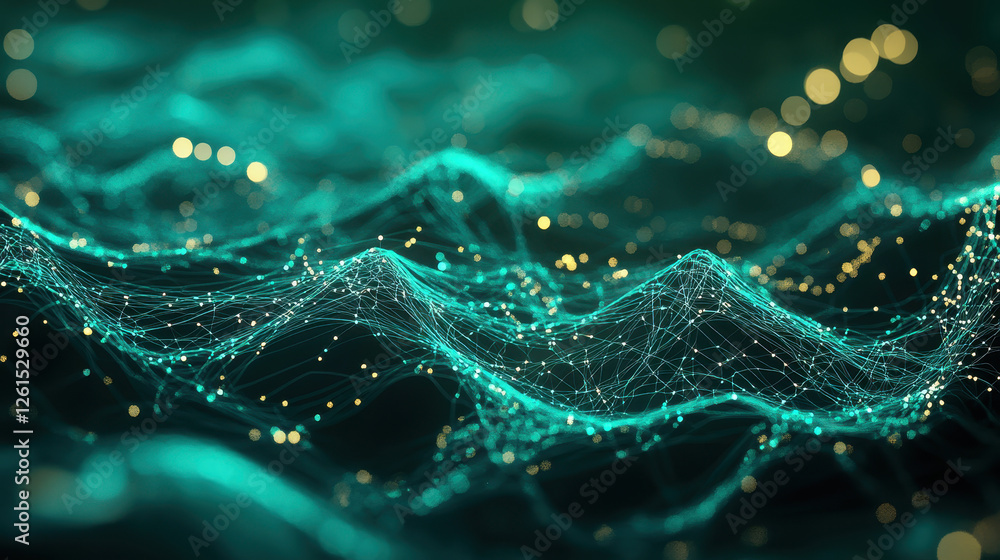 Poster abstract background with glowing lines and dots in teal color on a dark green background