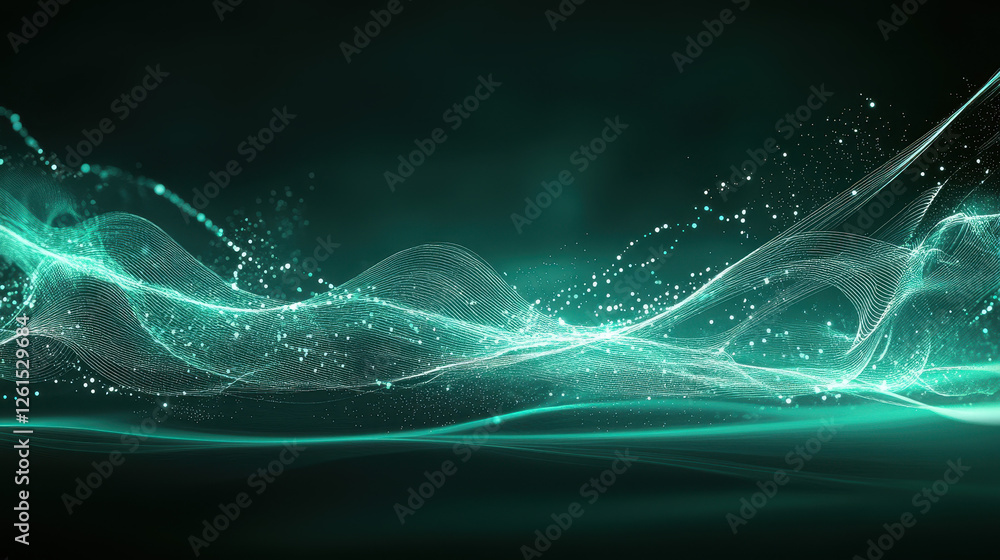 Poster abstract background with glowing lines and dots in teal color on a dark green background