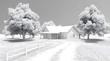 House surrounded by open field with lifelike 3d realistic shading and detailed texture