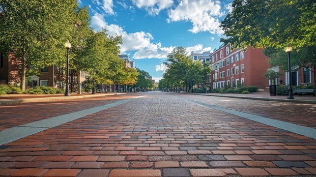 Brick road city street, autumn day, sunny, people walking