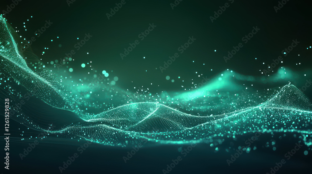 Poster abstract background with glowing lines and dots in teal color on a dark green background
