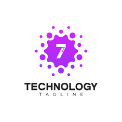 Modern Technology Logo - Number 7 and Purple Digital Dots Vector Design