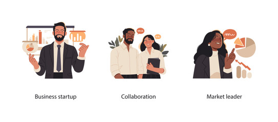 Illustration of professionals engaged in business startup, teamwork, and leadership. Depicts collaboration, planning, and strategic decision-making for success in the corporate world.