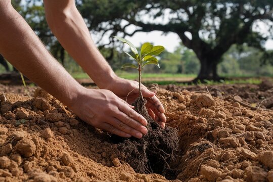 Close-up of human hands carefully planting a small tree seedling (sapling) into rich, brown soil outdoors. Concept of growth, environmental conservation, and reforestation efforts.