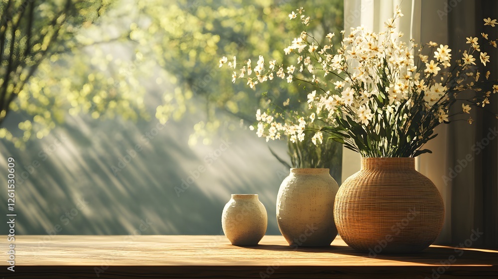 Poster vase of flowers on a table with layered voxel techniques displayed in the background