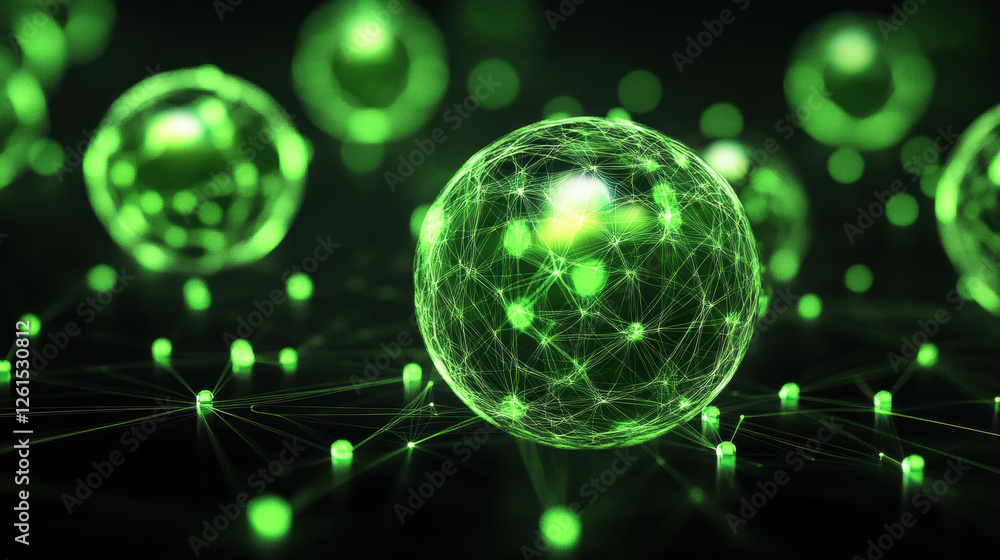 Poster abstract background with glowing green spheres and interconnected lines on a dark black backdrop