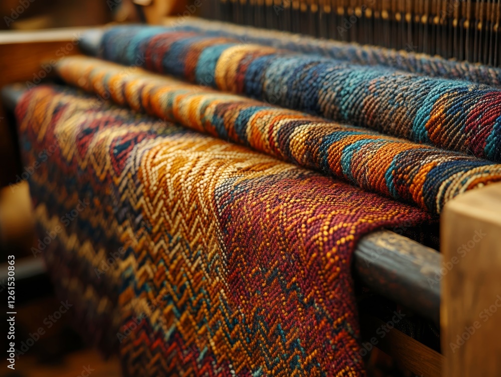 Poster vibrant array of handwoven textiles showcasing rich and intricate patterns in traditional craftsmans