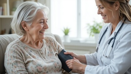 Obraz premium Compassionate Healthcare: Doctor Checking Senior's Blood Pressure