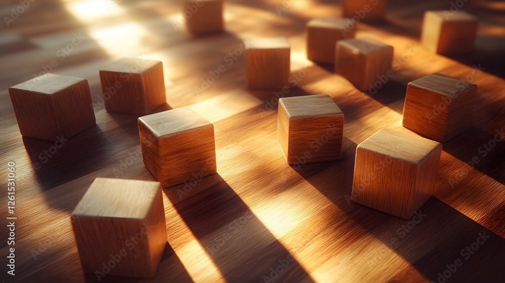 Poster wooden block on table with light shining through and irregular blocks scattered on hardwood floor