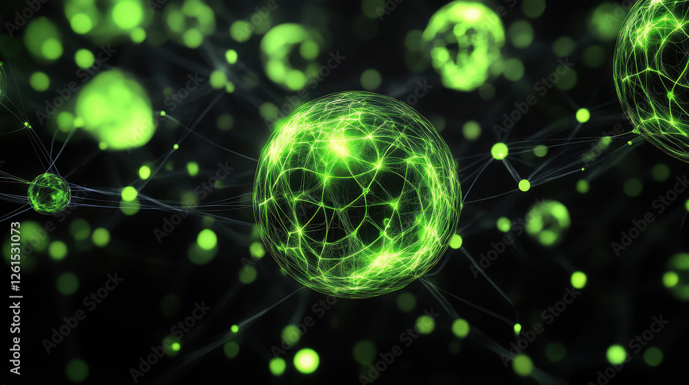 Poster abstract background with glowing green spheres and interconnected lines on a dark black backdrop