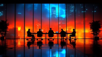 Silhouetted business meeting at sunset with a vibrant city skyline in the background