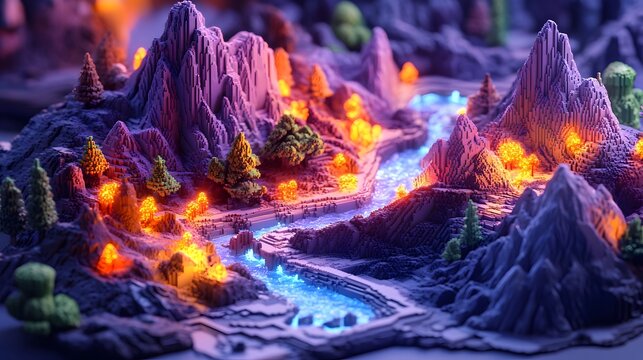 Isometric voxel scene of a mountain with a river and trees on a gaming laptop with soft lighting