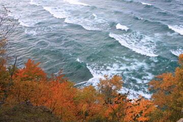 Aerial View of Lake Superior with Winds Creating Ripples and Golden Leaves