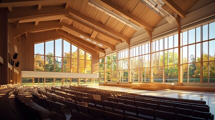 Large room with numerous windows featuring innovative cultural space design and warm lighting effects