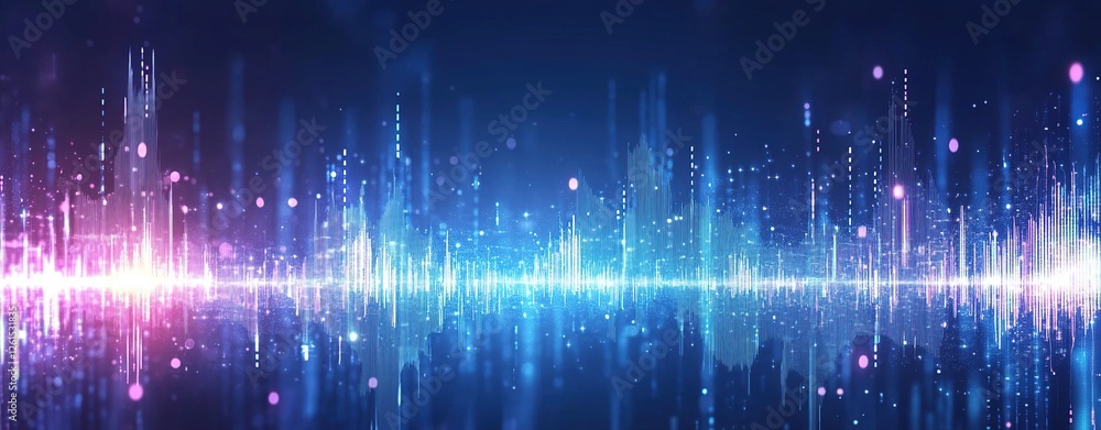 Poster visualizing data: abstract sound waveforms create a futuristic cityscape with vibrant hues and glowi