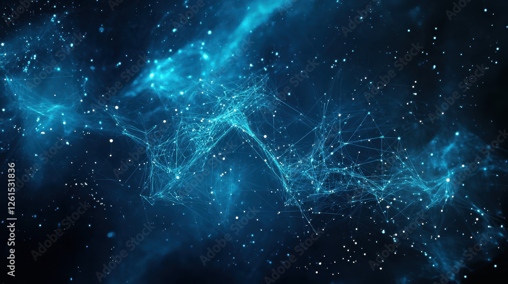 Poster abstract background with glowing blue particles and dots on a black background