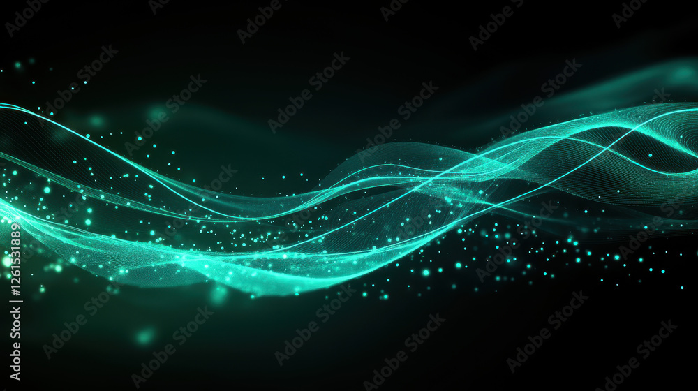Poster abstract background with glowing lines and dots in teal color on a dark green background