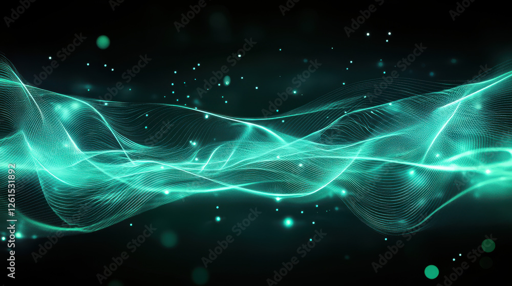 Poster abstract background with glowing lines and dots in teal color on a dark green background