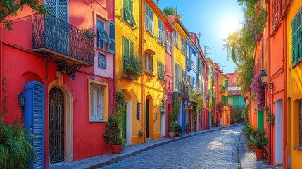 Obraz premium Colorful houses line a charming cobblestone street bathed in sunlight.