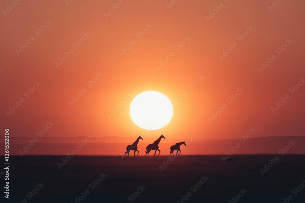 Poster three giraffes are running across a field in front of a large sun