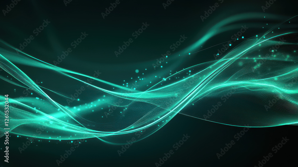 Poster abstract background with glowing lines and dots in teal color on a dark green background