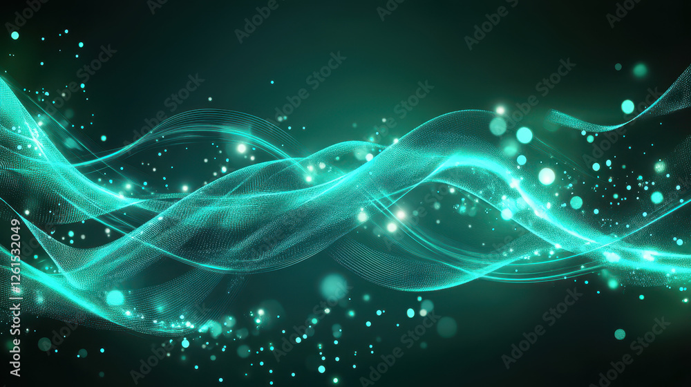 Poster abstract background with glowing lines and dots in teal color on a dark green background