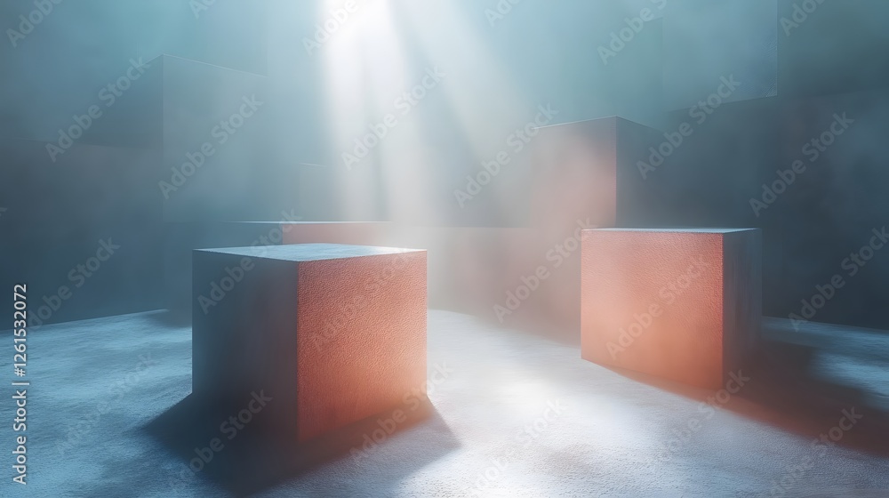 Poster room with two red cubes in the center of a digital immersive voxel simulation environment