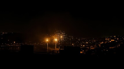 Night Cityscape with Fireworks Display