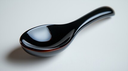 Black Glossy Spoon Top View with Curved Handle and Reflection on White Surface